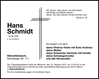 Traueranzeige von Hans Schmidt von Hersbrucker Zeitung